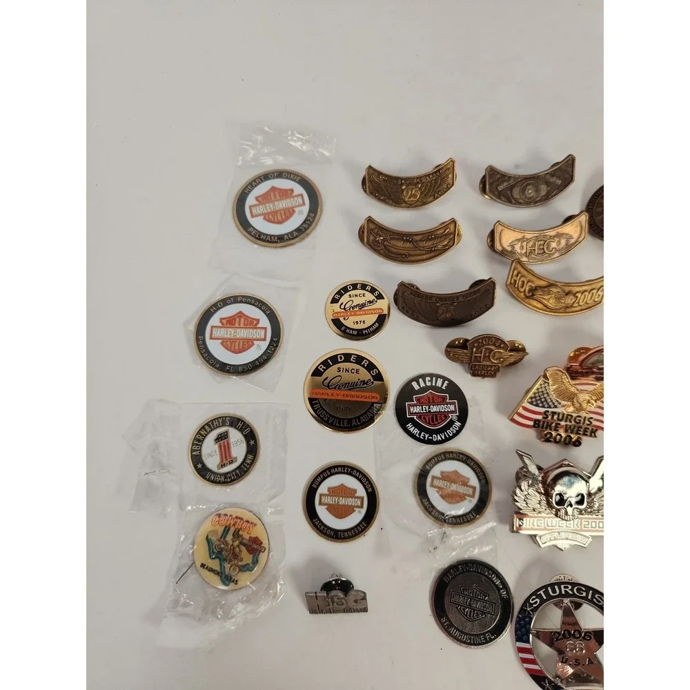 Lot 30+ Harley Davidson HOG Pins Rockers Sturgis Dealer Poker Chips Vest Badges